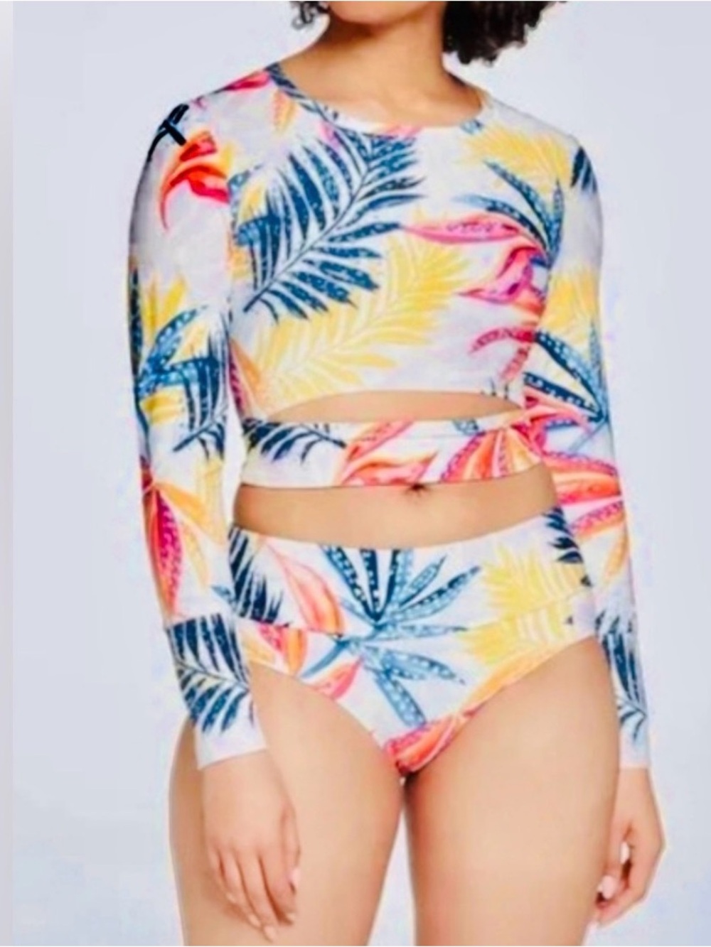 CALIA Palm Print KEYHOLE CROP RASH GUARD L